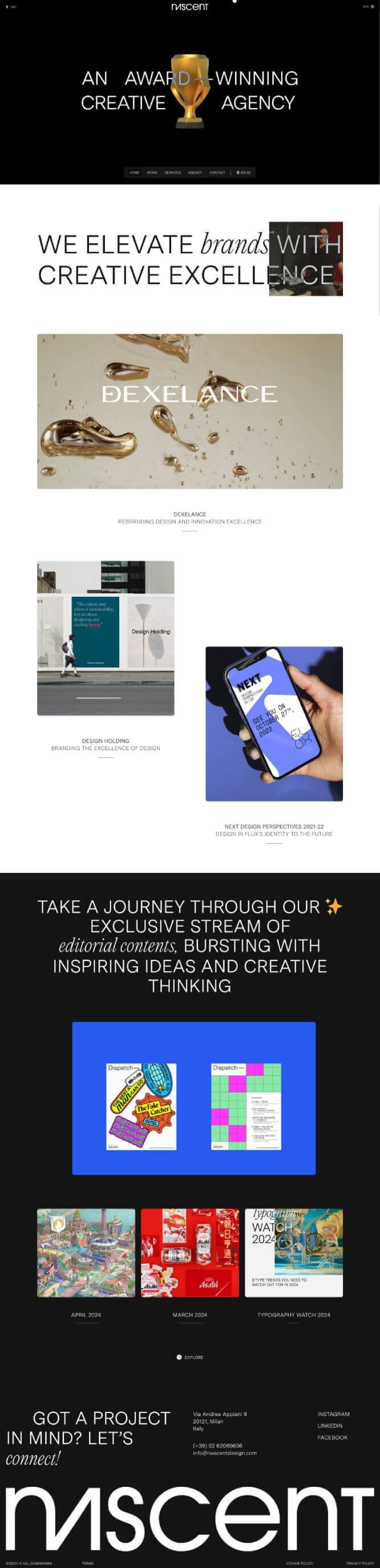 Screenshot of Nascent Design website homepage with animated elements