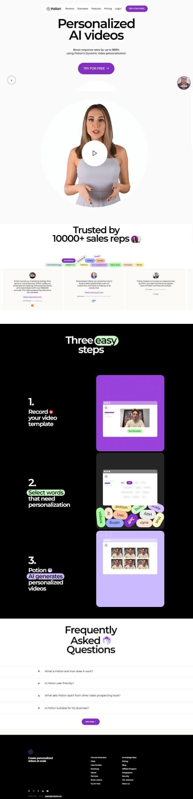 Screenshot of Potion AI website with responsive design and animations