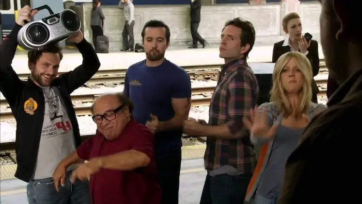 Promotional poster from "It's Always Sunny in Philadelphia" TV series, capturing The Gang's chaotic interactions with normal people, comedic disasters, dark humor, satirical social commentary, eccentric characters, ensemble cast, pop culture reference, situational comedy, adult humor, irreverent storytelling, and TV entertainment dynamics.