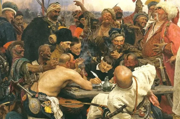 03. Ref to Zaporozhian Cossacks writing letter. Where the Cossacks strongly refuse on demand to surrender without a fight and mock the Turkish sultan and his army.