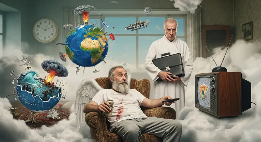 Poster for the satirical comedy show 'An Evening with GOD,' depicting a disheveled God in a Soviet apartment, drinking beer and watching TV. The scene highlights the divine bureaucracy, with a weary St. Peter and a smashed globe, in a style blending Kafkaesque absurdity with Monty Python's black humor.