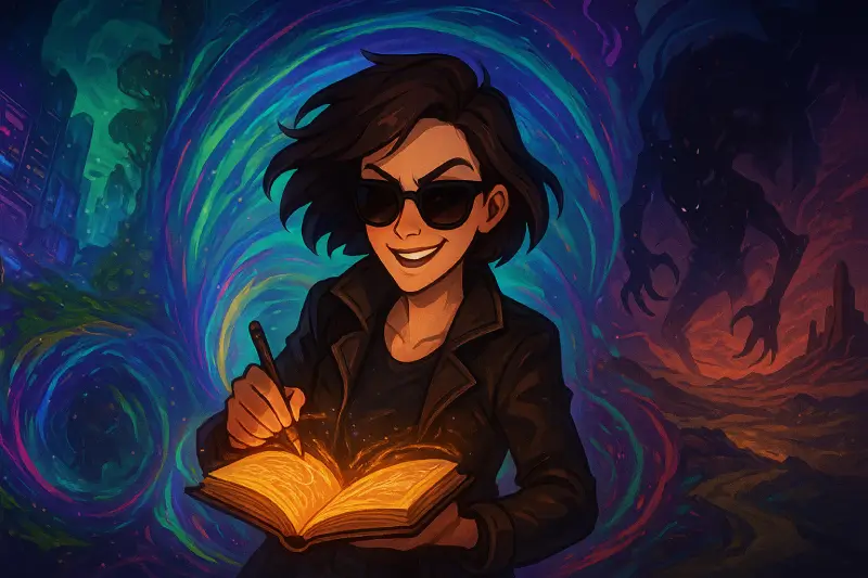 Animated adventure comedy poster 'Lilith's Adventure' – charismatic adventurer girl exploring parallel worlds, magical artifact diary, surreal and humorous multiverse, dynamic animation style.