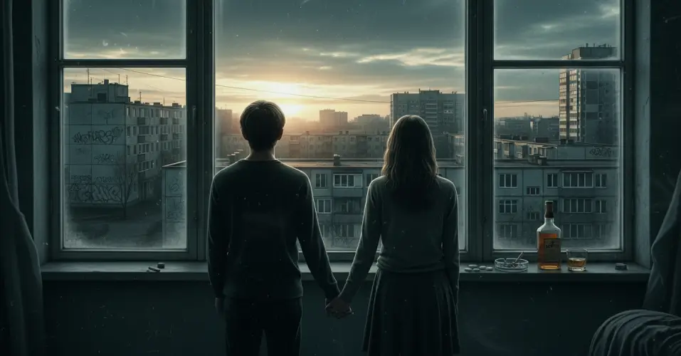 Poster of tragic social drama 'Once Upon a Time… in Ukraine' – young couple at window, Ukrainian city block, sunrise, melancholy and cinematic realism.