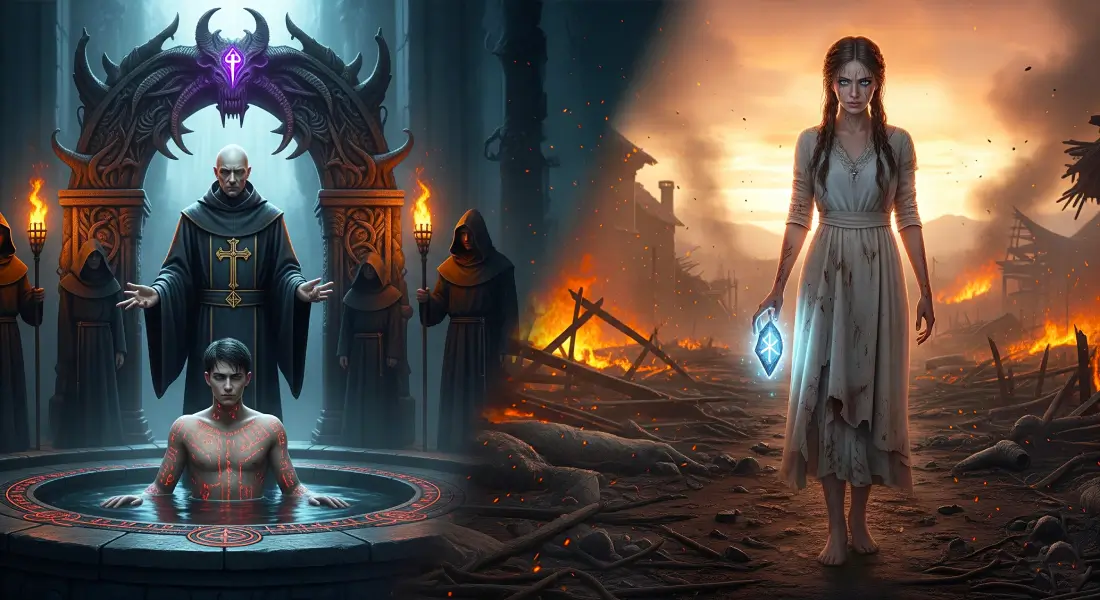 AI-generated poster for “Shadows of Zaporizhian Sich” Saga Part I–II featuring hero undergoing demonic baptism and Part II heroine bound to his soul, embarking on a bloody path of revenge; epic historical-mystical adventure game concept.