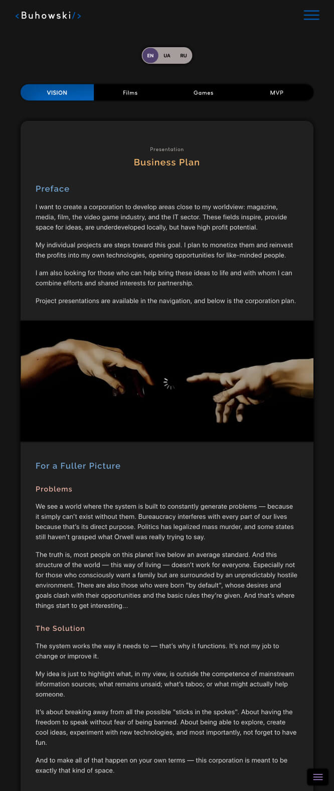Screenshot of My Startups project homepage showcasing startup business plans, full development cycle execution, React and TypeScript programming, UI/UX design, creative scripting, genius-level problem solving, strategic brainstorming, innovative design systems, SCSS styling, SEO optimization, Progressive Web App functionality, media innovation, tech entrepreneurship, interactive digital solutions, inventive coding, forward-thinking creative projects