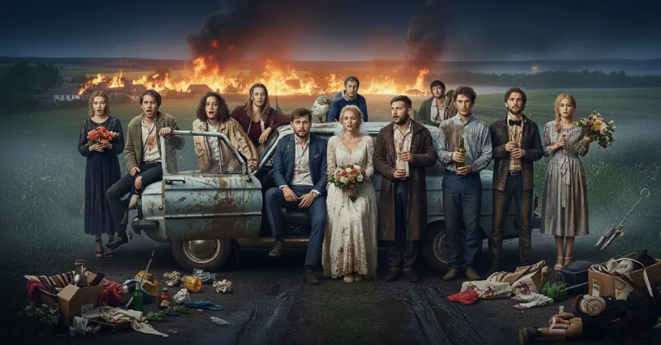 Poster of action dark comedy 'Volyn Wedding: Groom’s Room' – six young adults, three men and three women, messy and battered, standing on a broken Soviet Zaporizhzhia car, surreal comedic adventure, realistic cinematic style, Ukrainian countryside at sunrise.