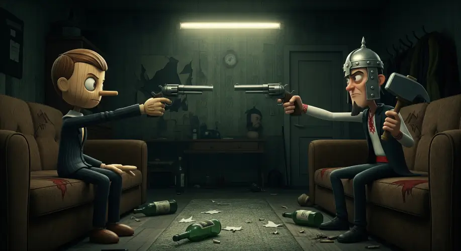 Animated dark crime comedy poster 'Wooden Fiction' – twisted fairytale characters in criminal chaos, satirical and grotesque style, nonlinear storytelling, post-Soviet aesthetic, dark humor.